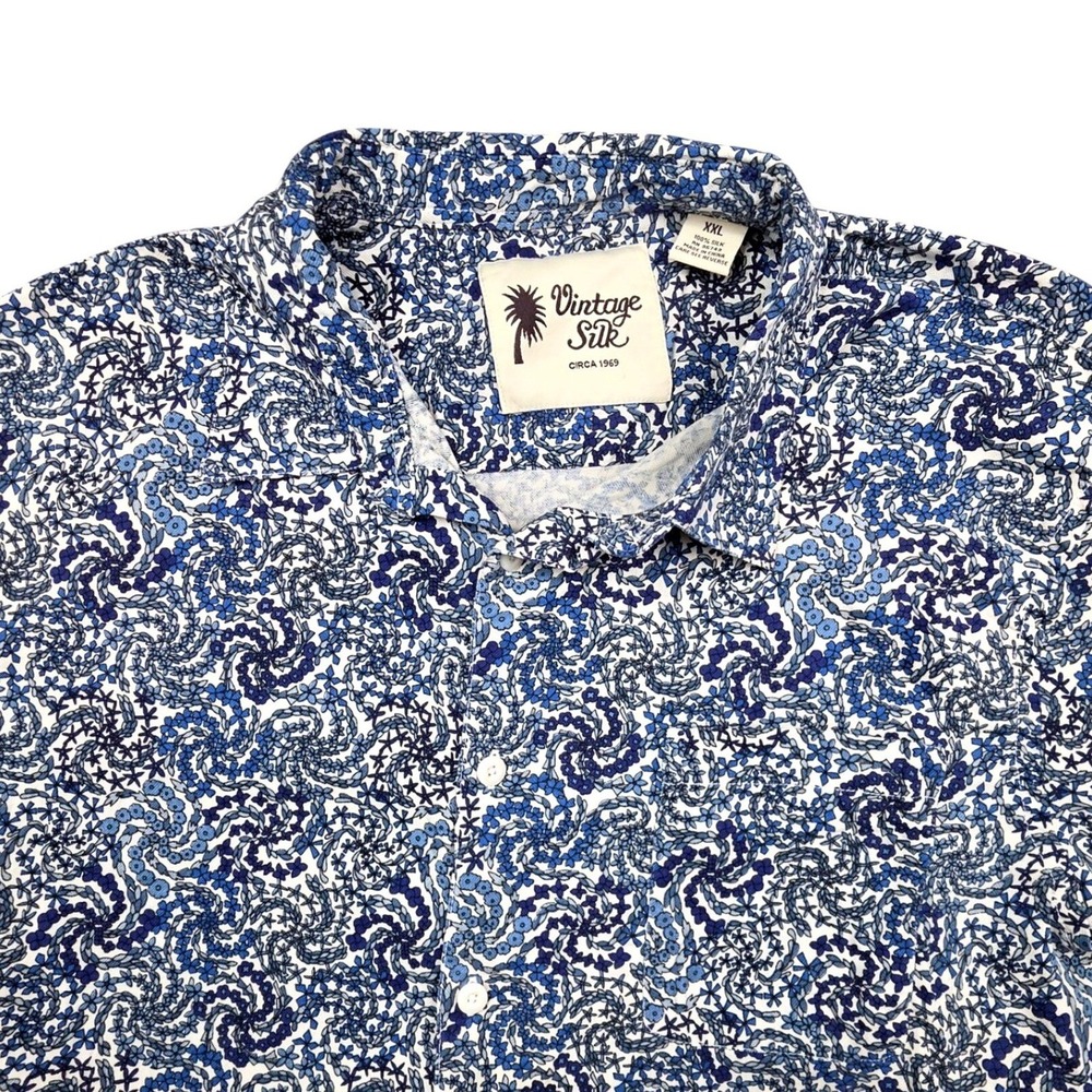 Vintage Silk Mens XXL 100% Silk Blue Floral Paisley Short Sleeve Shirt